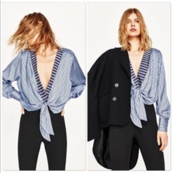 Zara Blue Striped Knot Plunging Bodysuit Small - Picture 3 of 8